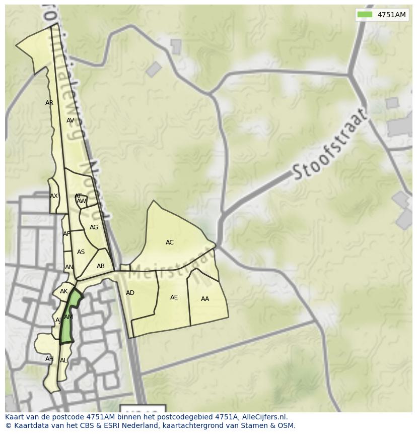Afbeelding van het postcodegebied 4751 AM op de kaart.