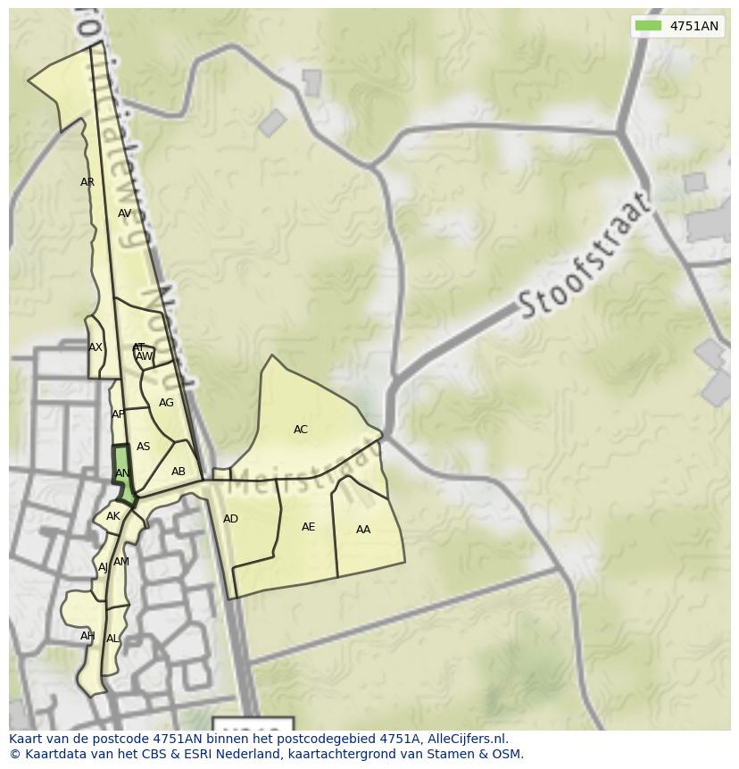 Afbeelding van het postcodegebied 4751 AN op de kaart.