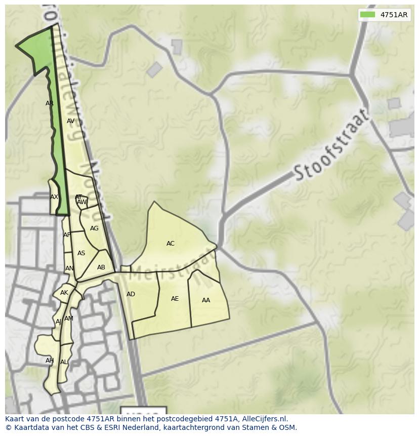 Afbeelding van het postcodegebied 4751 AR op de kaart.