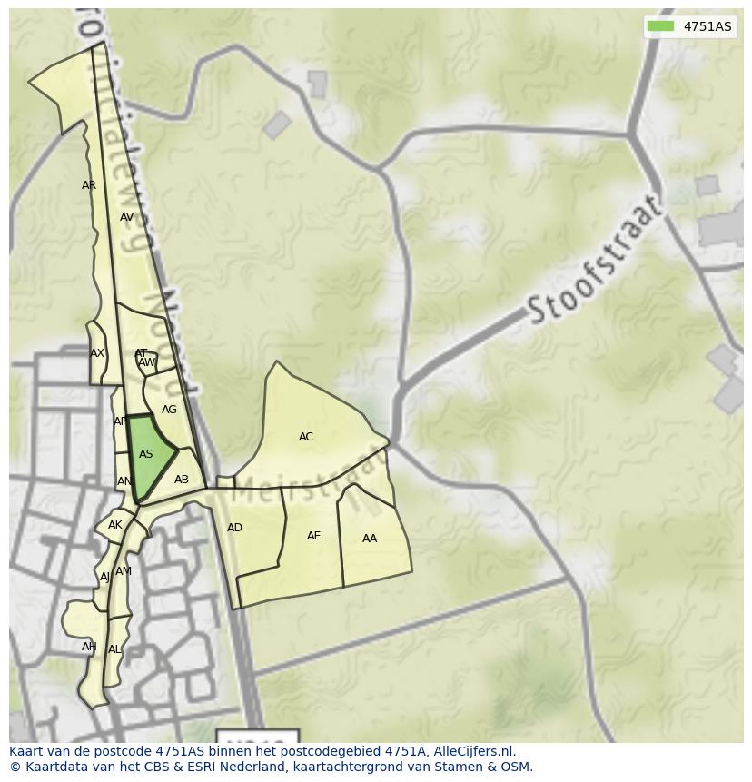 Afbeelding van het postcodegebied 4751 AS op de kaart.