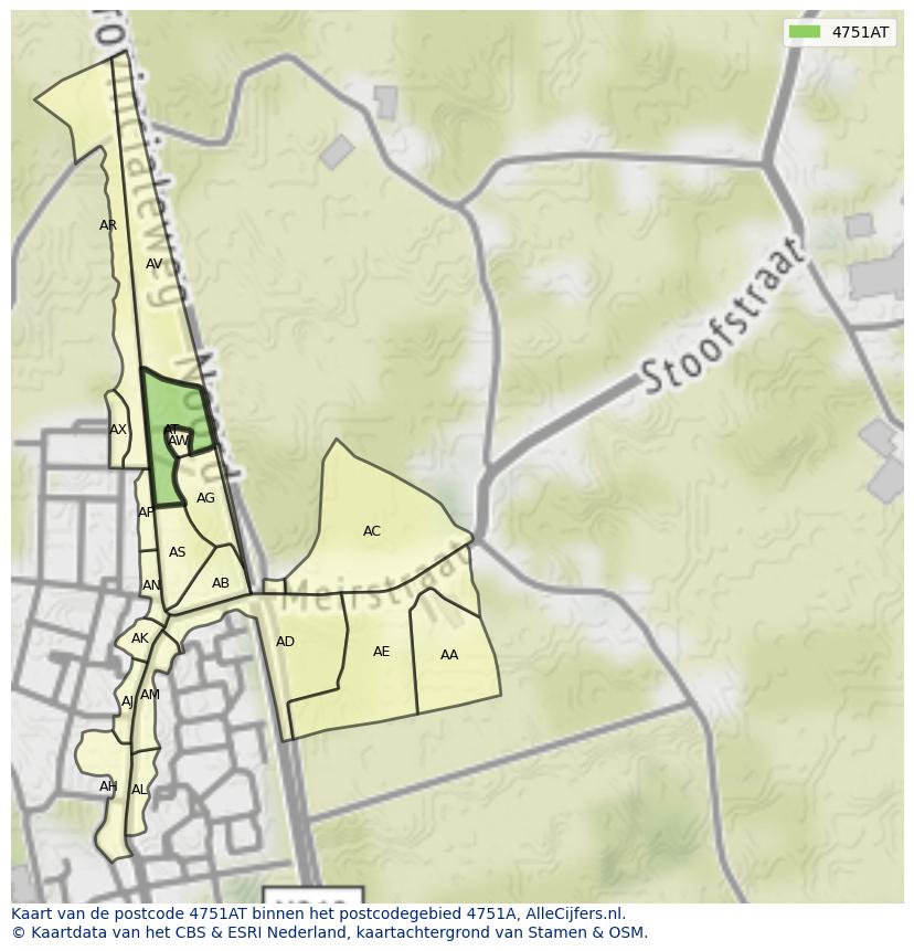 Afbeelding van het postcodegebied 4751 AT op de kaart.