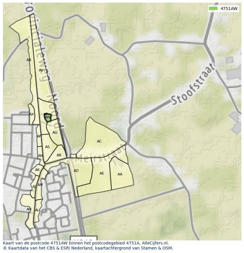 Afbeelding van het postcodegebied 4751 AW op de kaart.