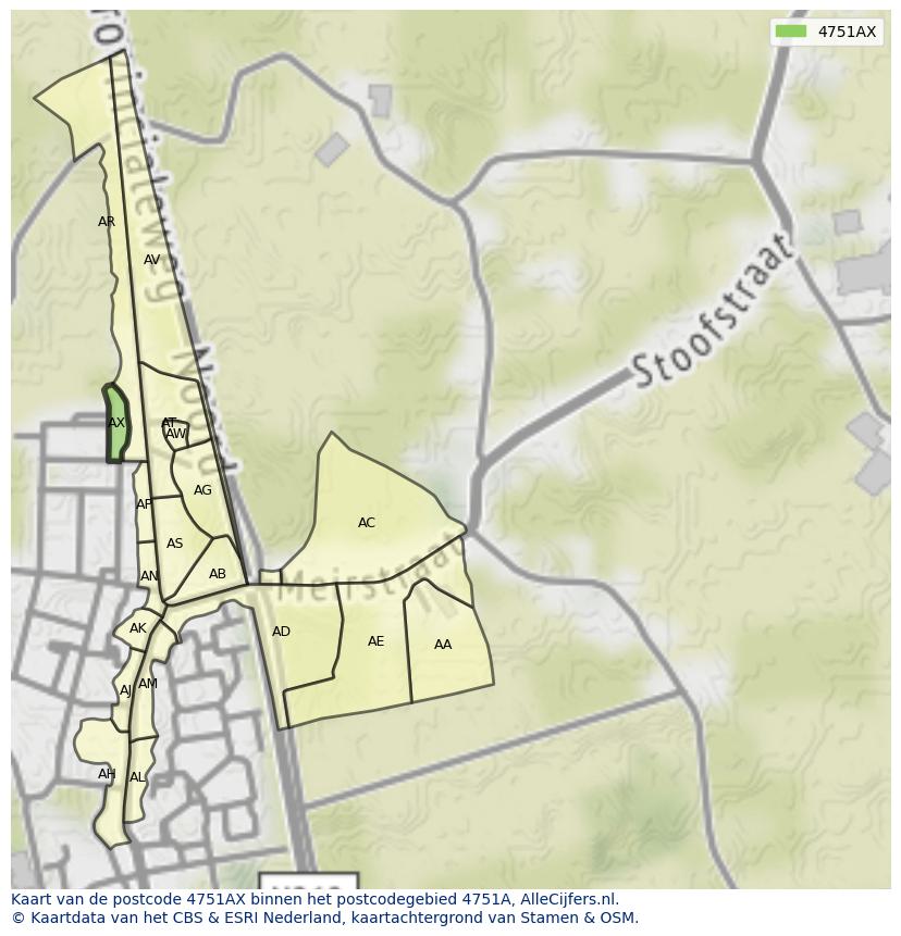 Afbeelding van het postcodegebied 4751 AX op de kaart.
