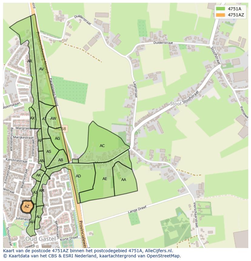 Afbeelding van het postcodegebied 4751 AZ op de kaart.