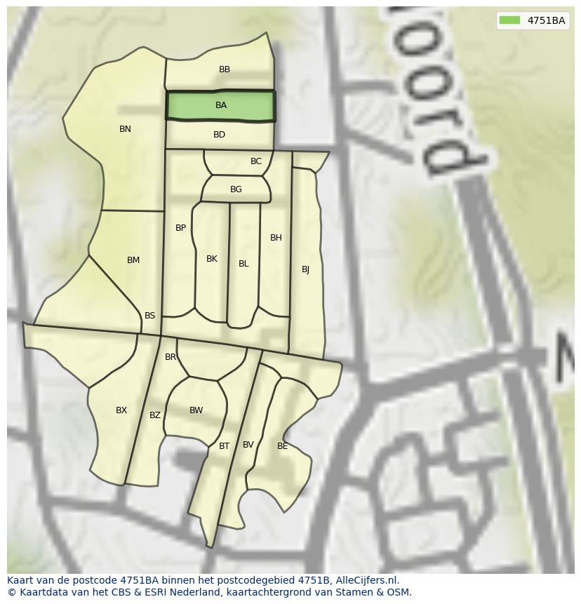 Afbeelding van het postcodegebied 4751 BA op de kaart.