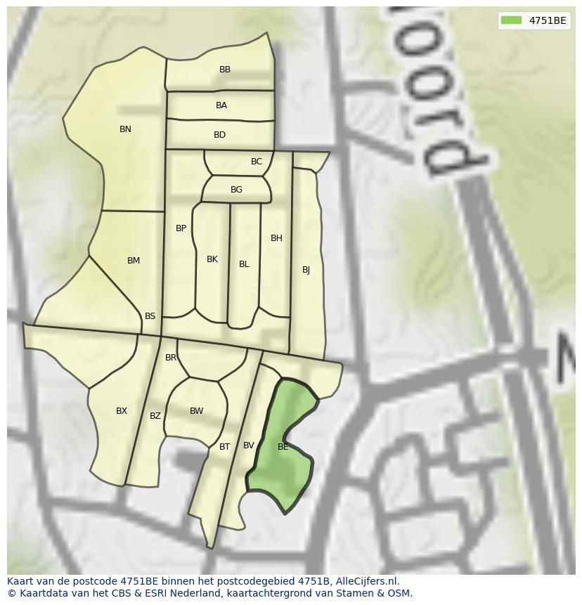 Afbeelding van het postcodegebied 4751 BE op de kaart.