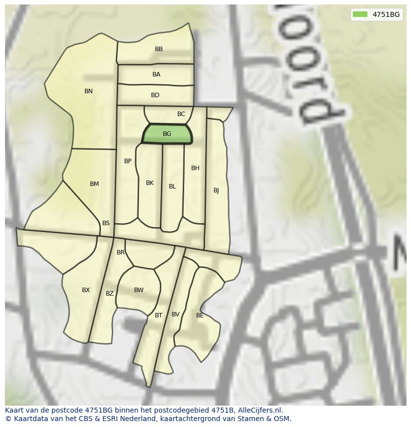 Afbeelding van het postcodegebied 4751 BG op de kaart.