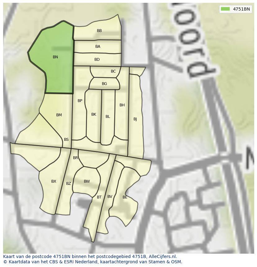 Afbeelding van het postcodegebied 4751 BN op de kaart.