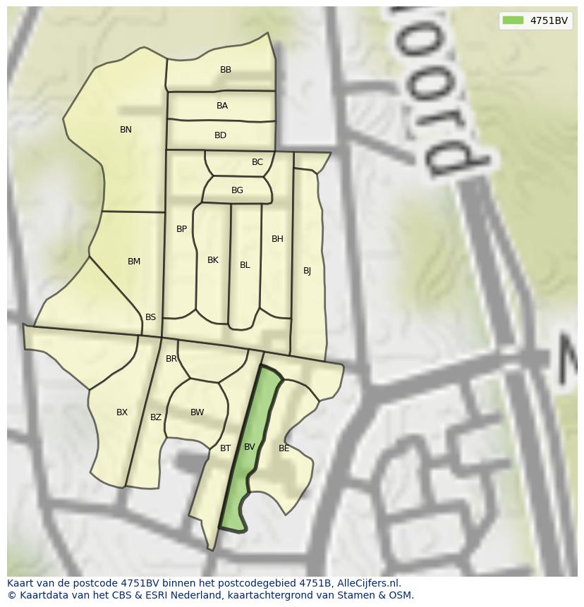 Afbeelding van het postcodegebied 4751 BV op de kaart.