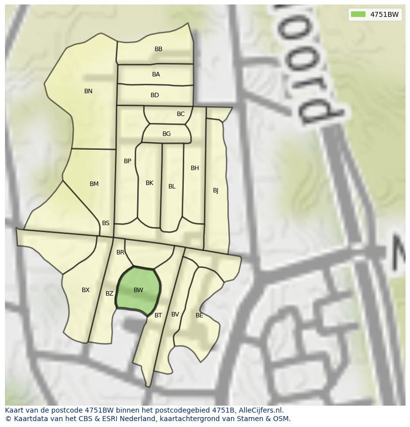 Afbeelding van het postcodegebied 4751 BW op de kaart.