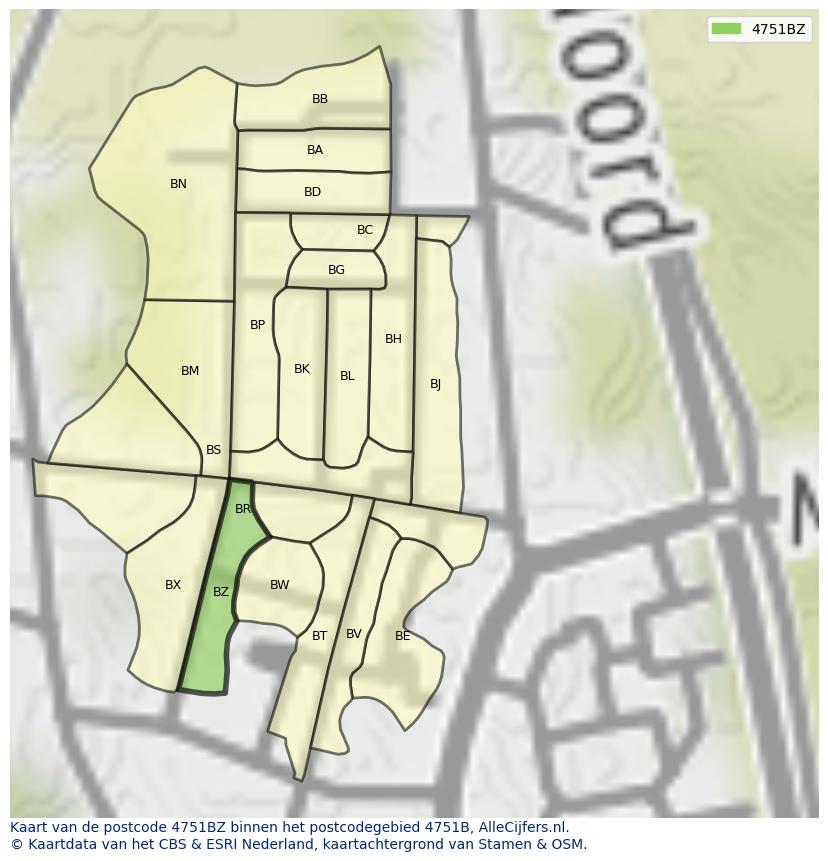 Afbeelding van het postcodegebied 4751 BZ op de kaart.