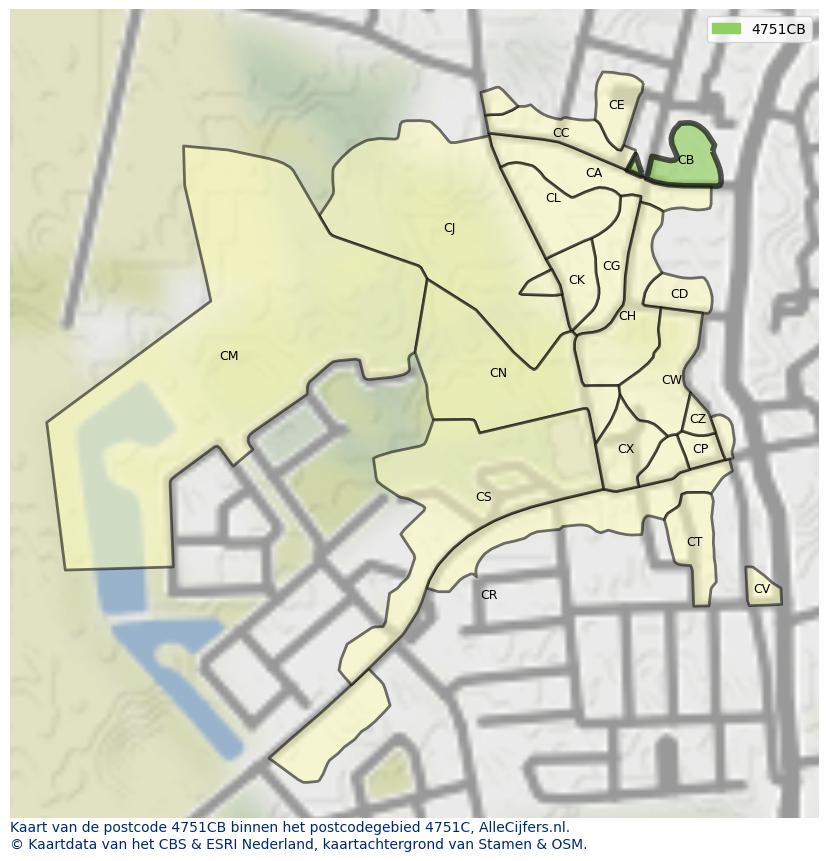 Afbeelding van het postcodegebied 4751 CB op de kaart.