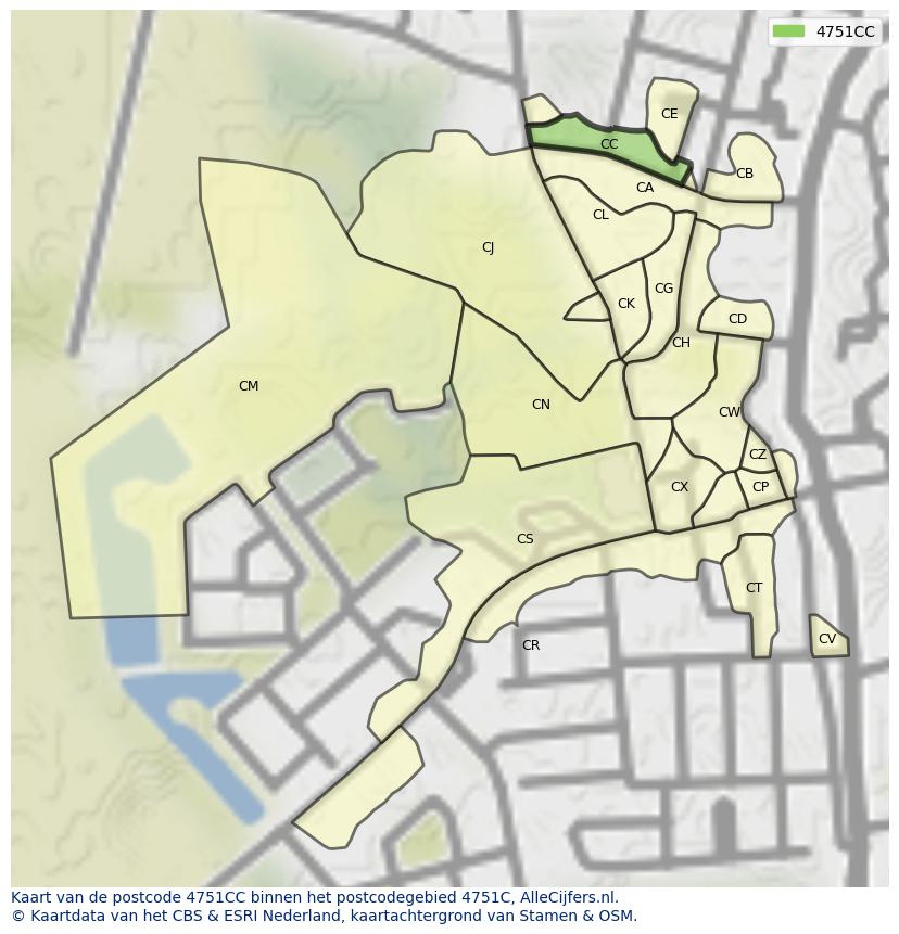 Afbeelding van het postcodegebied 4751 CC op de kaart.