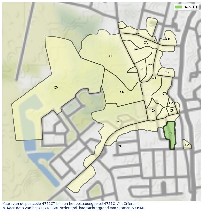 Afbeelding van het postcodegebied 4751 CT op de kaart.