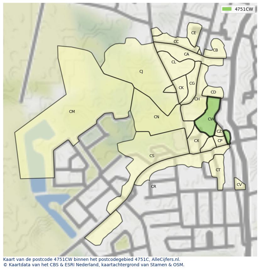 Afbeelding van het postcodegebied 4751 CW op de kaart.