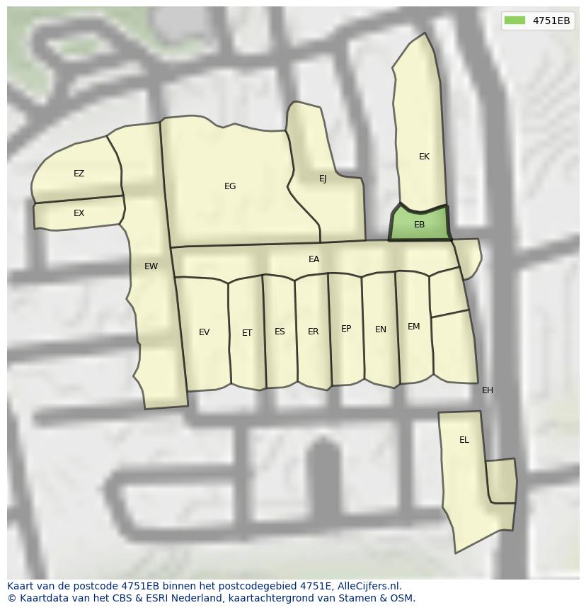 Afbeelding van het postcodegebied 4751 EB op de kaart.