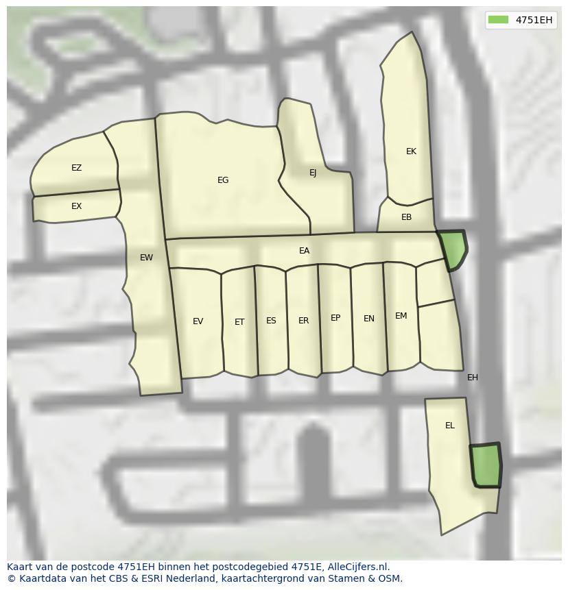 Afbeelding van het postcodegebied 4751 EH op de kaart.