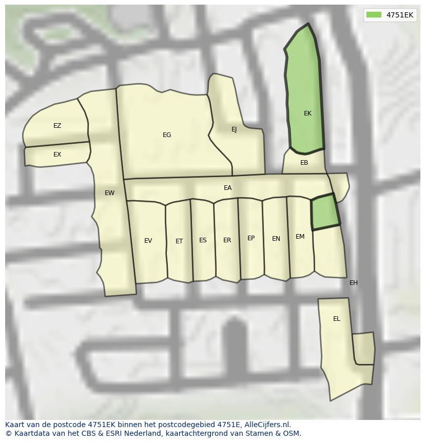Afbeelding van het postcodegebied 4751 EK op de kaart.