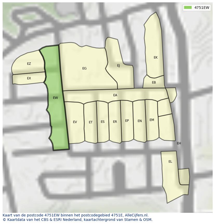 Afbeelding van het postcodegebied 4751 EW op de kaart.