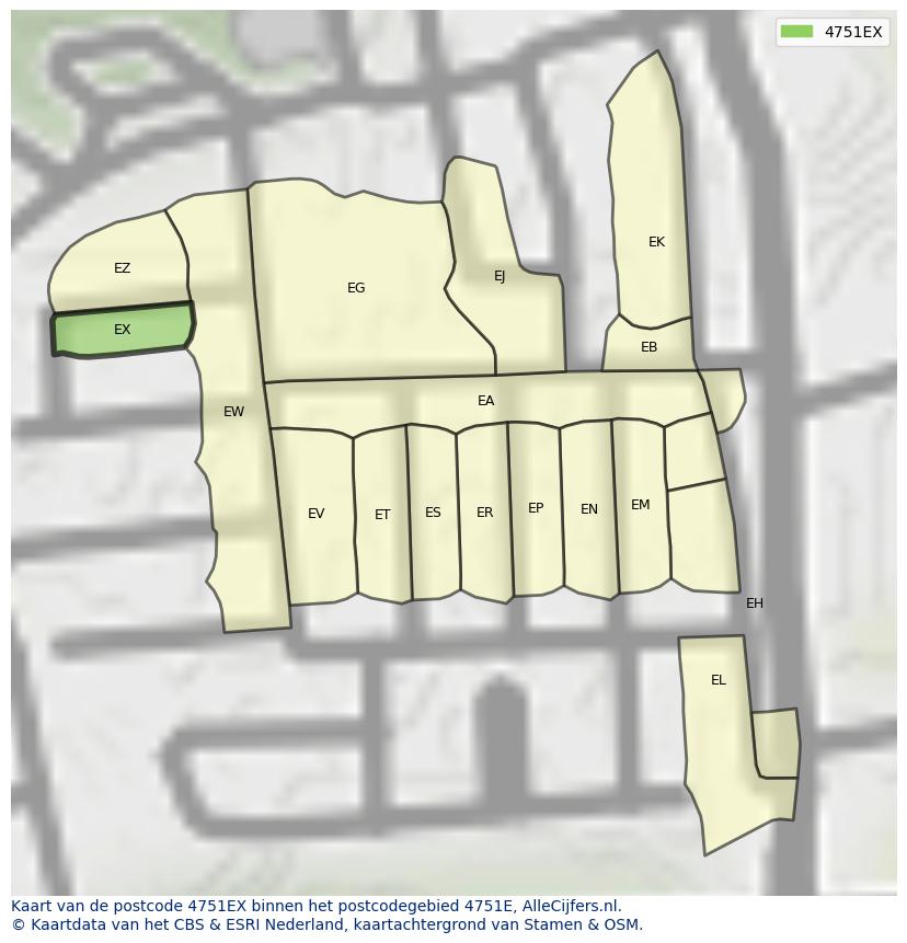 Afbeelding van het postcodegebied 4751 EX op de kaart.