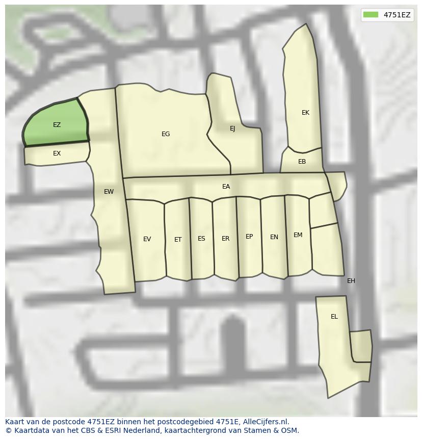 Afbeelding van het postcodegebied 4751 EZ op de kaart.