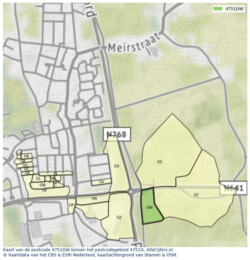 Afbeelding van het postcodegebied 4751 GW op de kaart.