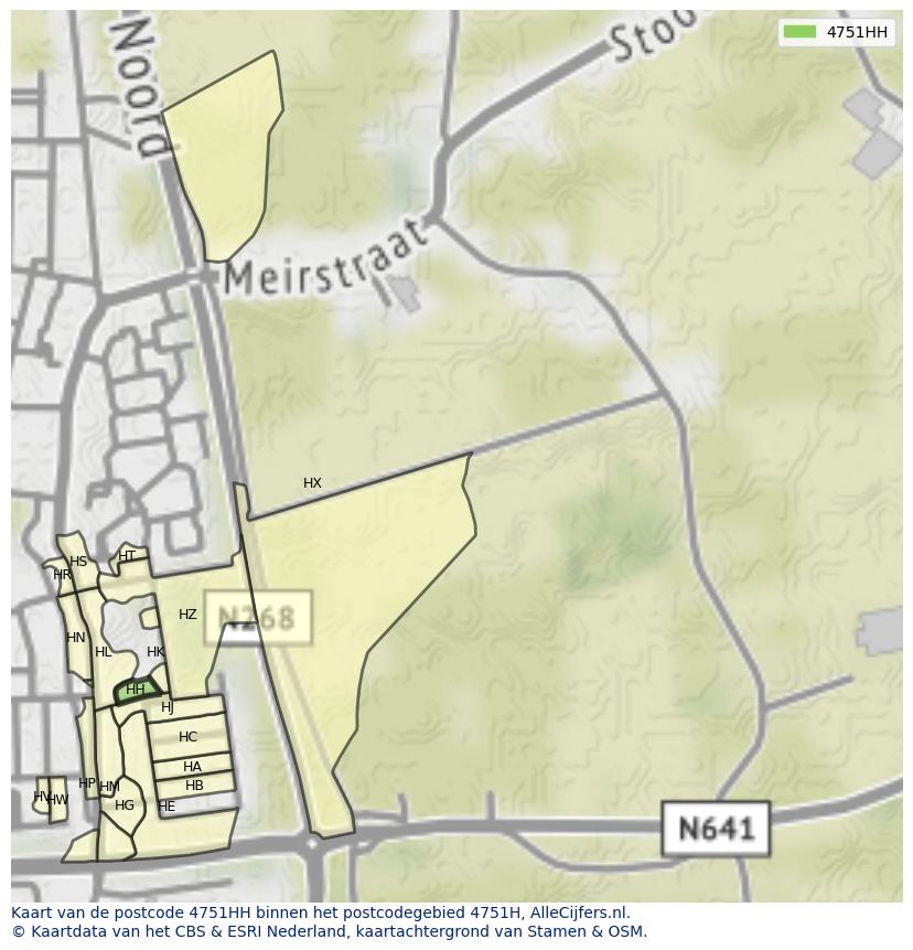 Afbeelding van het postcodegebied 4751 HH op de kaart.