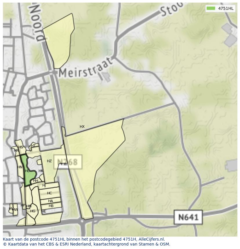 Afbeelding van het postcodegebied 4751 HL op de kaart.