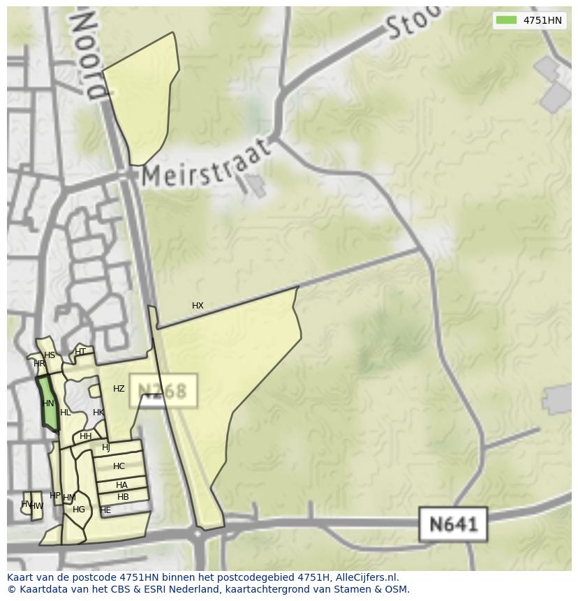 Afbeelding van het postcodegebied 4751 HN op de kaart.
