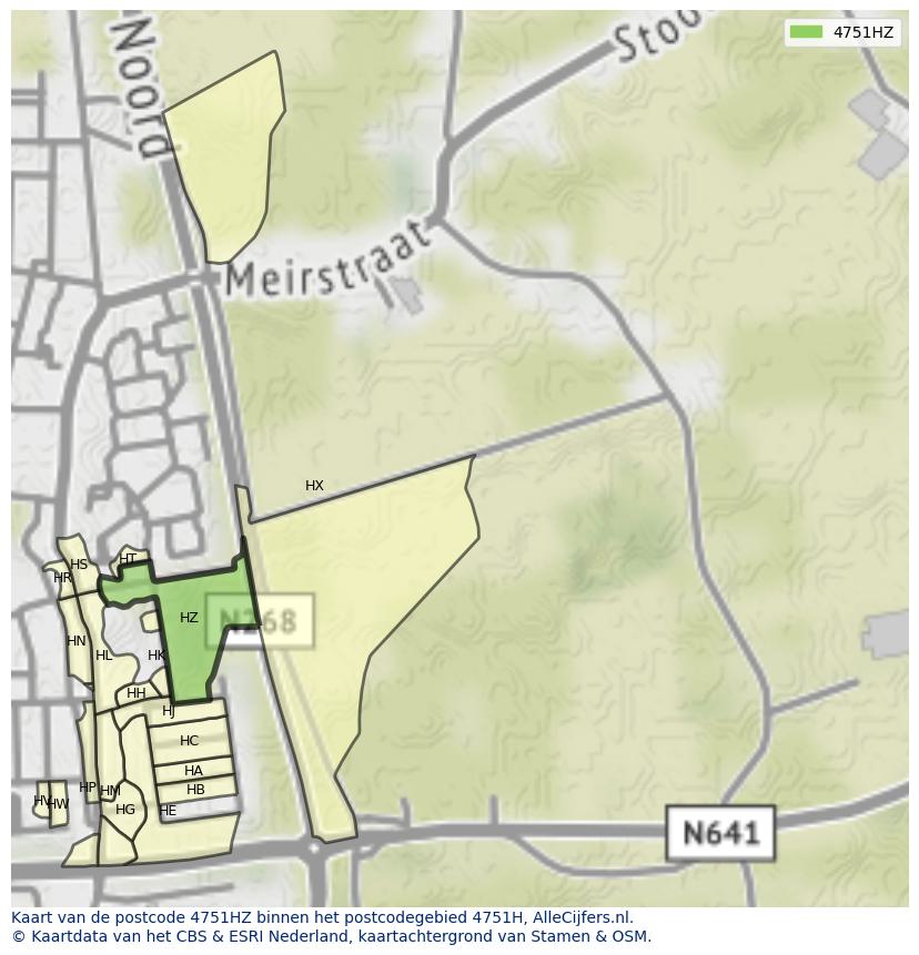 Afbeelding van het postcodegebied 4751 HZ op de kaart.
