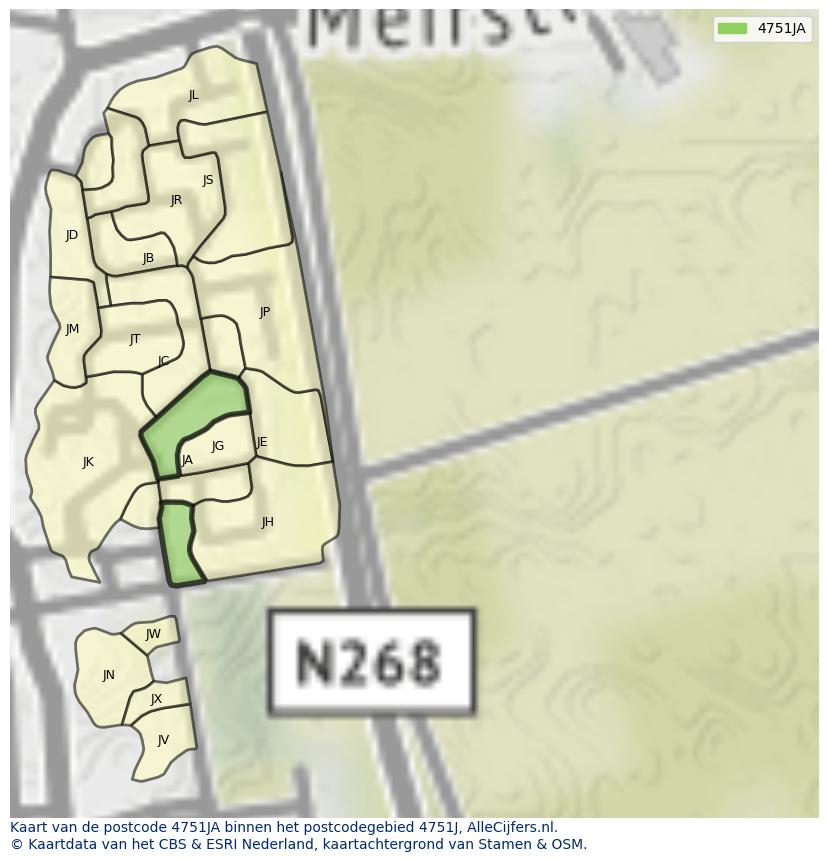 Afbeelding van het postcodegebied 4751 JA op de kaart.