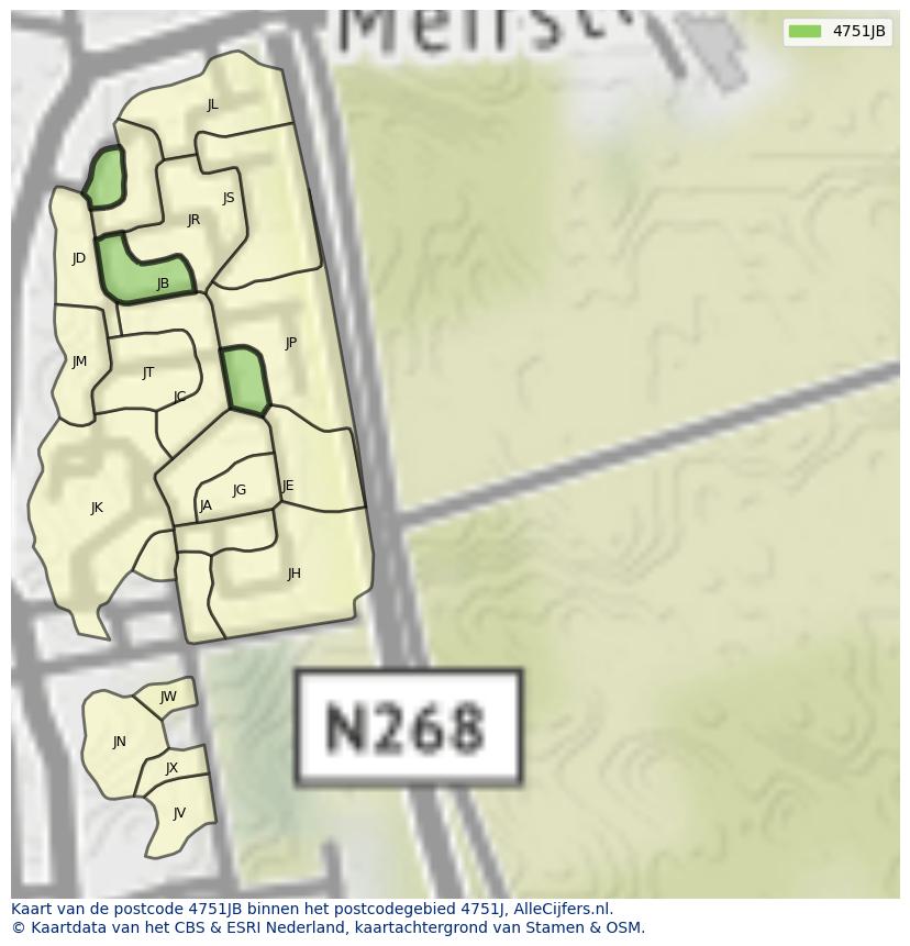 Afbeelding van het postcodegebied 4751 JB op de kaart.