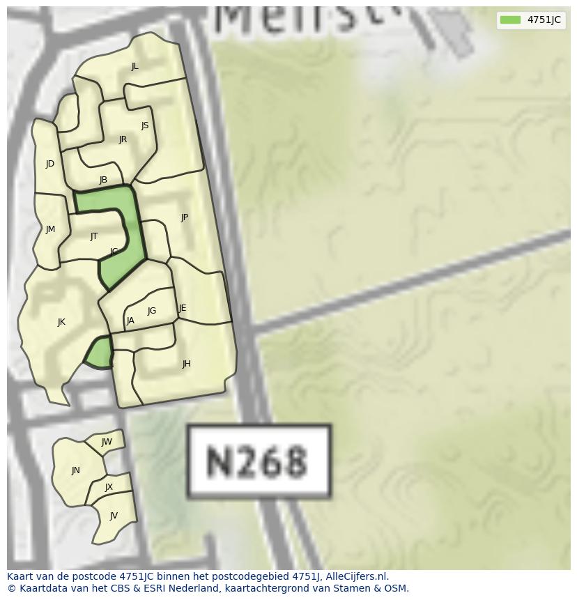 Afbeelding van het postcodegebied 4751 JC op de kaart.