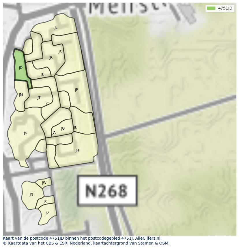 Afbeelding van het postcodegebied 4751 JD op de kaart.