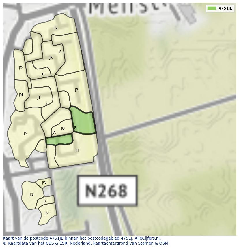 Afbeelding van het postcodegebied 4751 JE op de kaart.