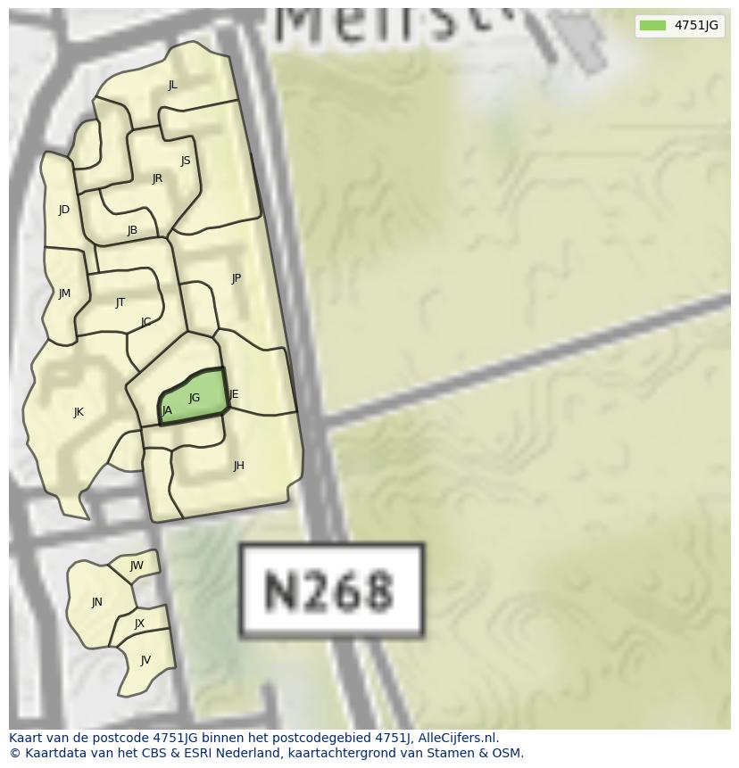 Afbeelding van het postcodegebied 4751 JG op de kaart.