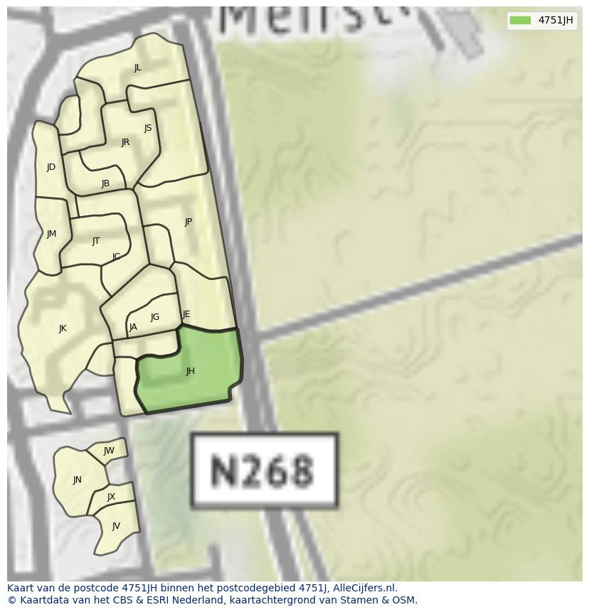 Afbeelding van het postcodegebied 4751 JH op de kaart.