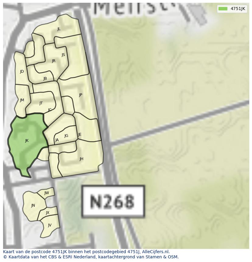 Afbeelding van het postcodegebied 4751 JK op de kaart.