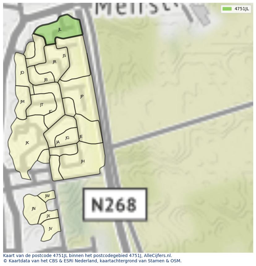 Afbeelding van het postcodegebied 4751 JL op de kaart.