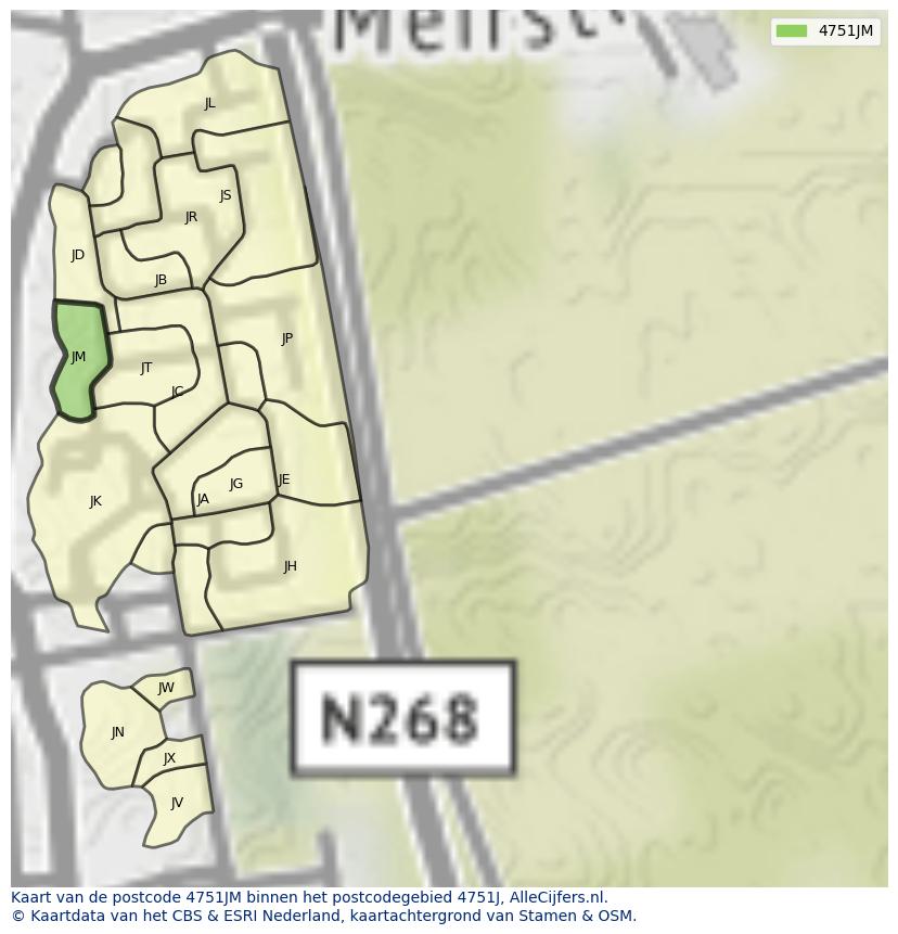 Afbeelding van het postcodegebied 4751 JM op de kaart.
