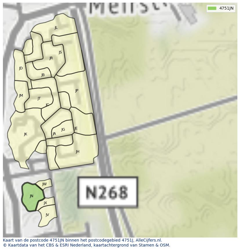 Afbeelding van het postcodegebied 4751 JN op de kaart.