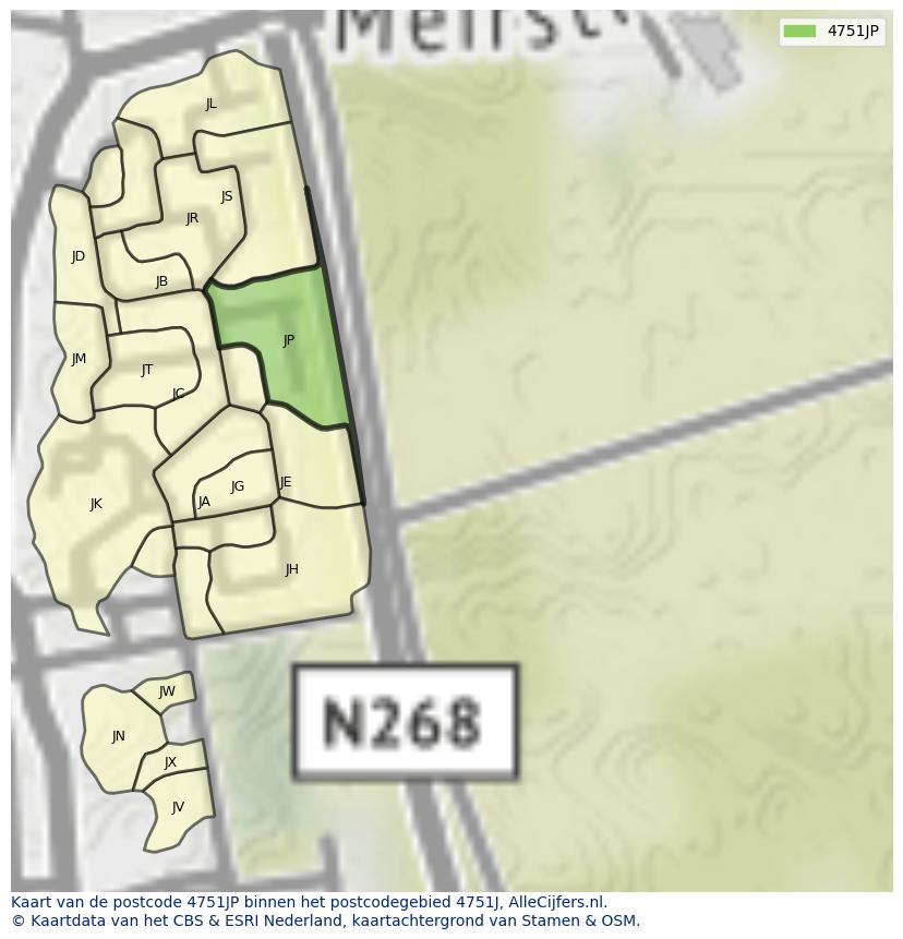 Afbeelding van het postcodegebied 4751 JP op de kaart.