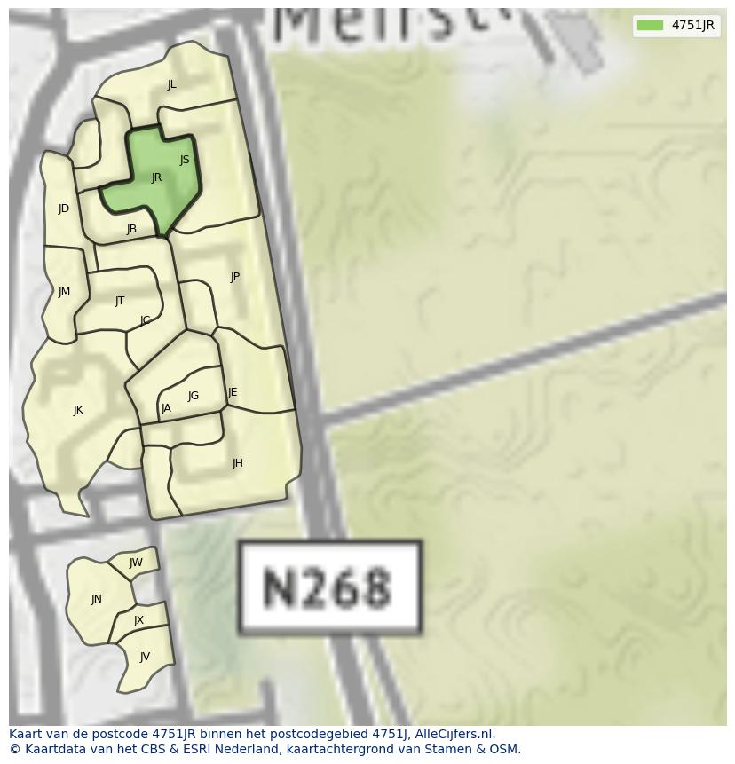 Afbeelding van het postcodegebied 4751 JR op de kaart.