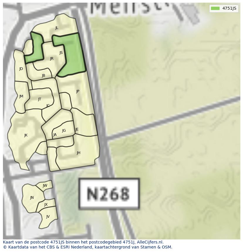Afbeelding van het postcodegebied 4751 JS op de kaart.