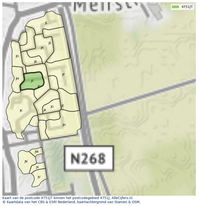 Afbeelding van het postcodegebied 4751 JT op de kaart.
