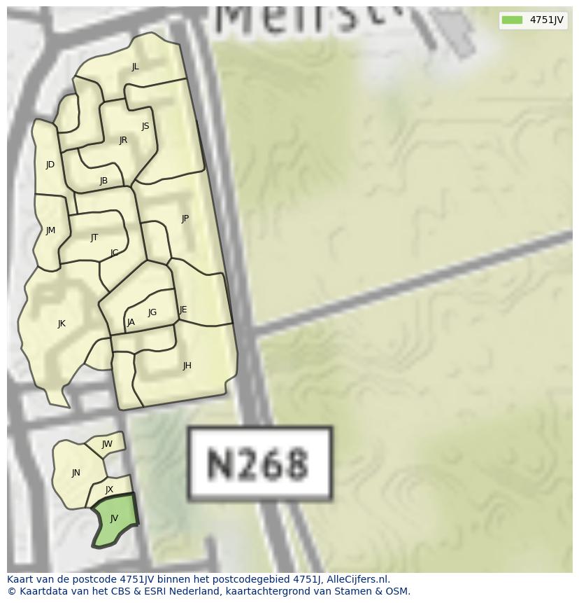 Afbeelding van het postcodegebied 4751 JV op de kaart.