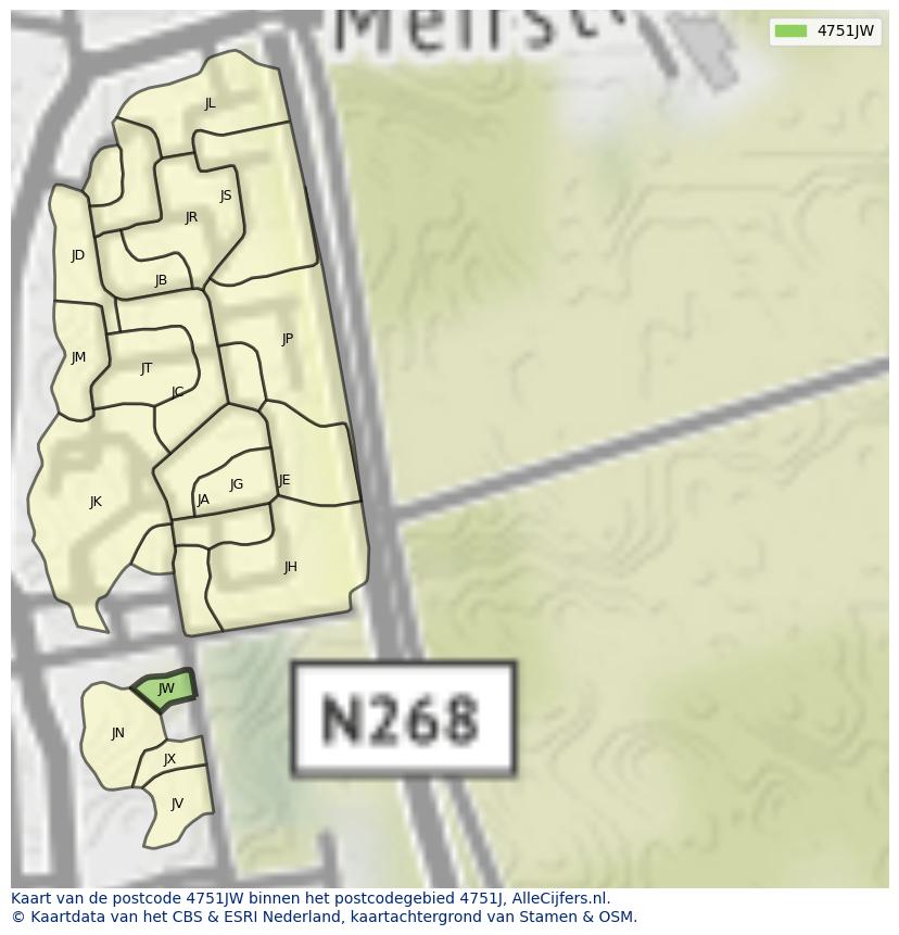 Afbeelding van het postcodegebied 4751 JW op de kaart.