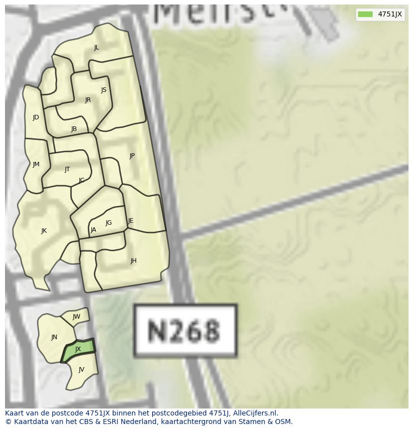 Afbeelding van het postcodegebied 4751 JX op de kaart.