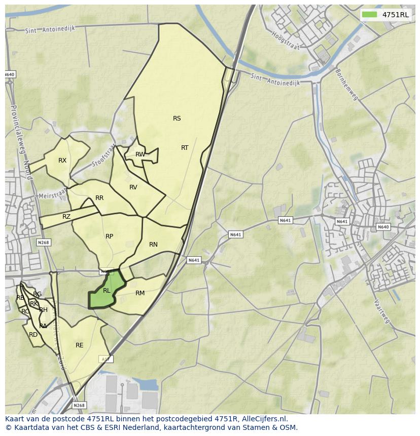 Afbeelding van het postcodegebied 4751 RL op de kaart.