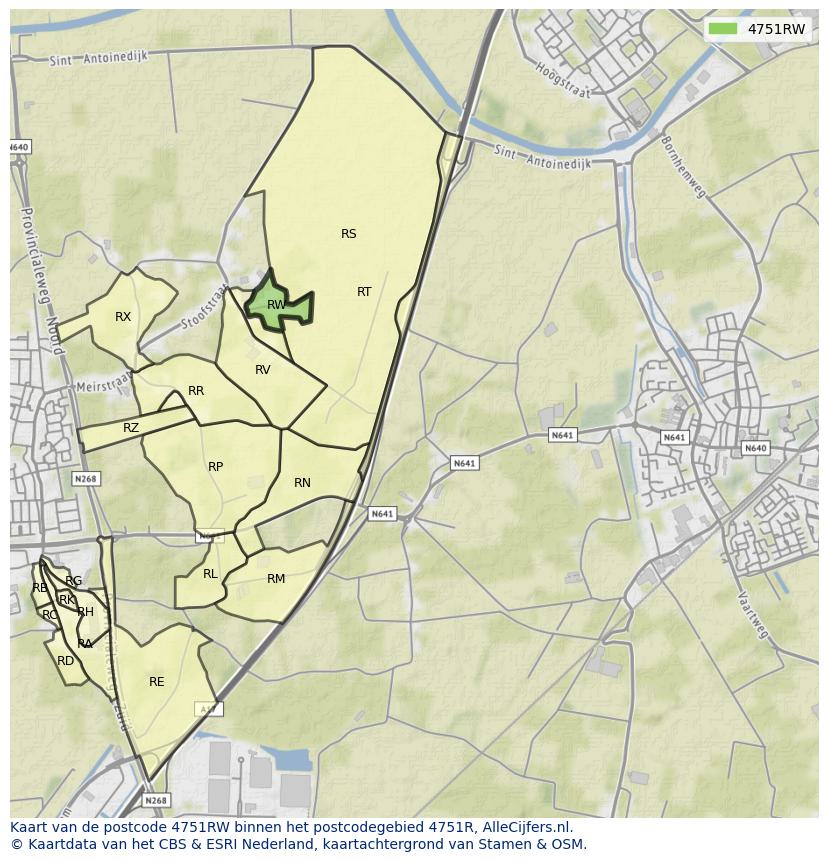 Afbeelding van het postcodegebied 4751 RW op de kaart.